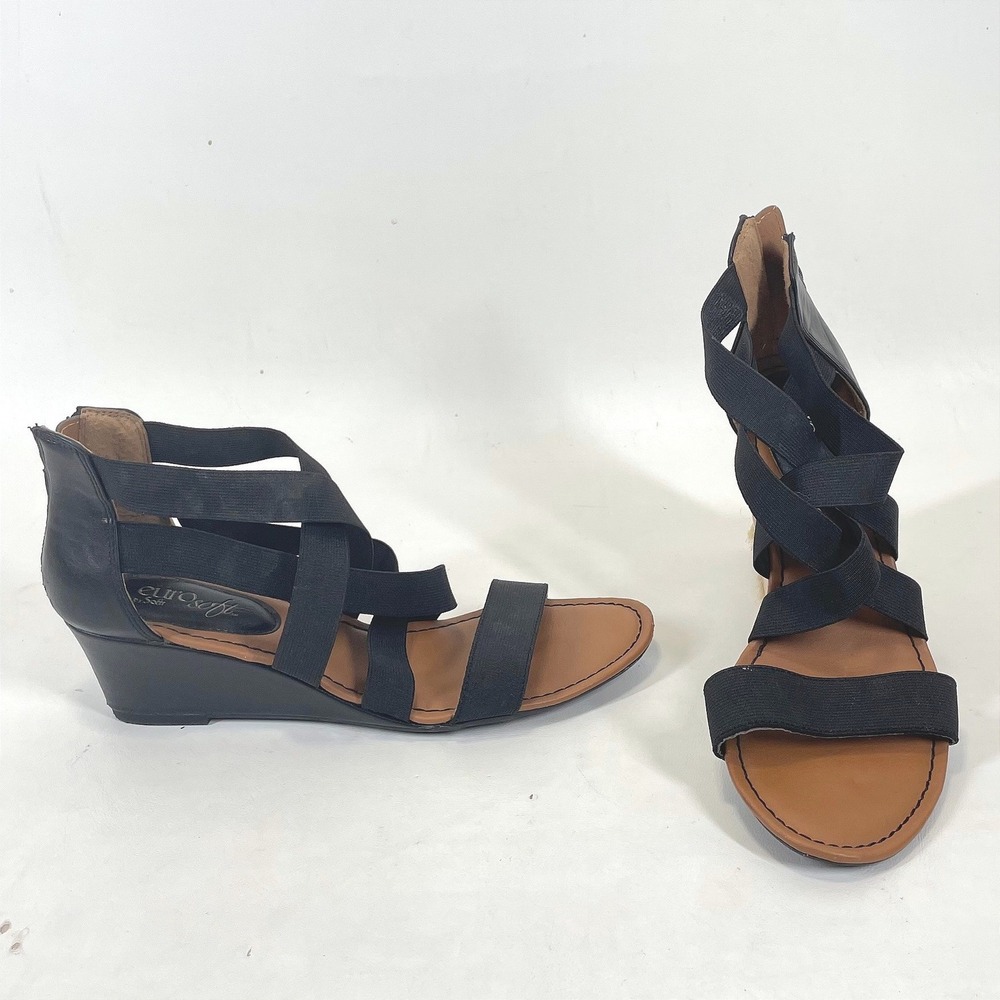 EuroSoft by Sofft Womens Black Strappy Elastic Wedge Sandals Size 8M